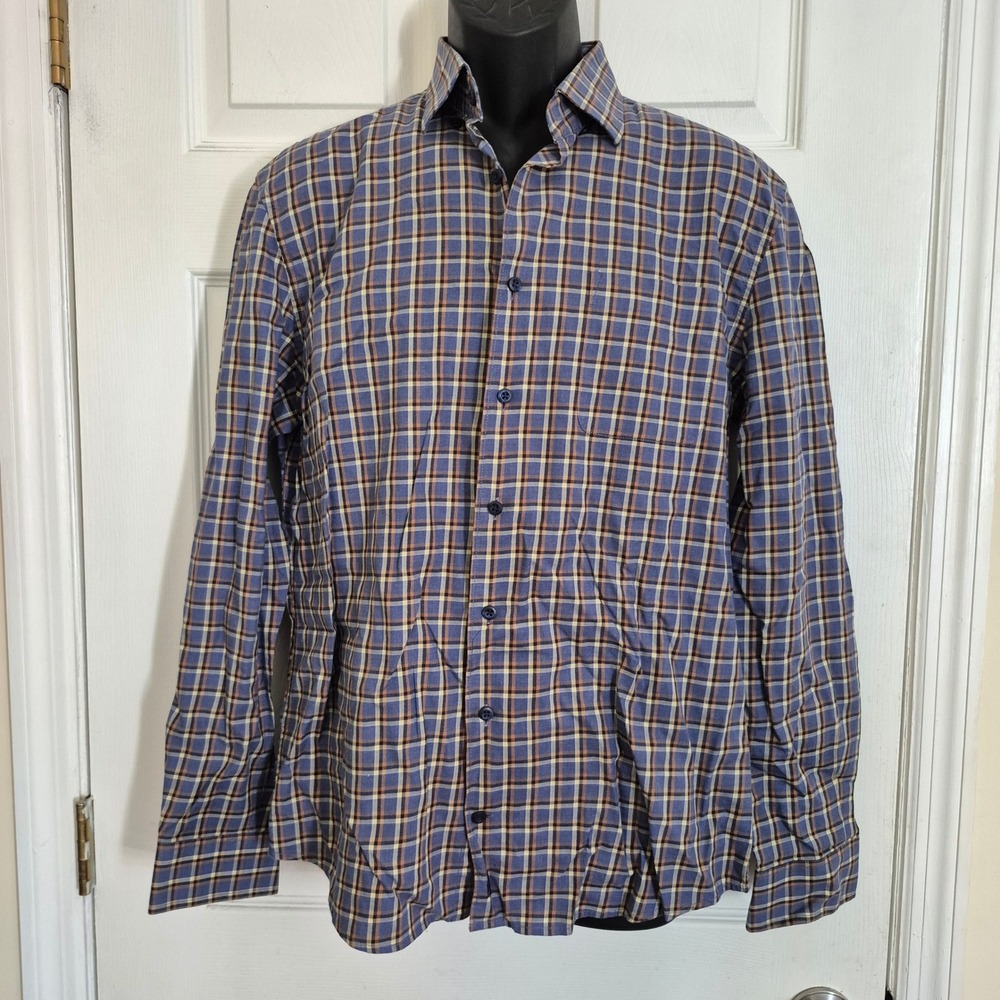 Johnnie-O Hangin Out Mens Medium Blue Plaid Cotton Long Sleeve Button Down Shirt